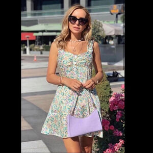 Zara satin effect ruffle strap button down floral dress. Size M